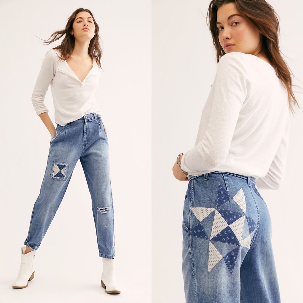 Free People Patchwork Star Denim High Waist Jeans